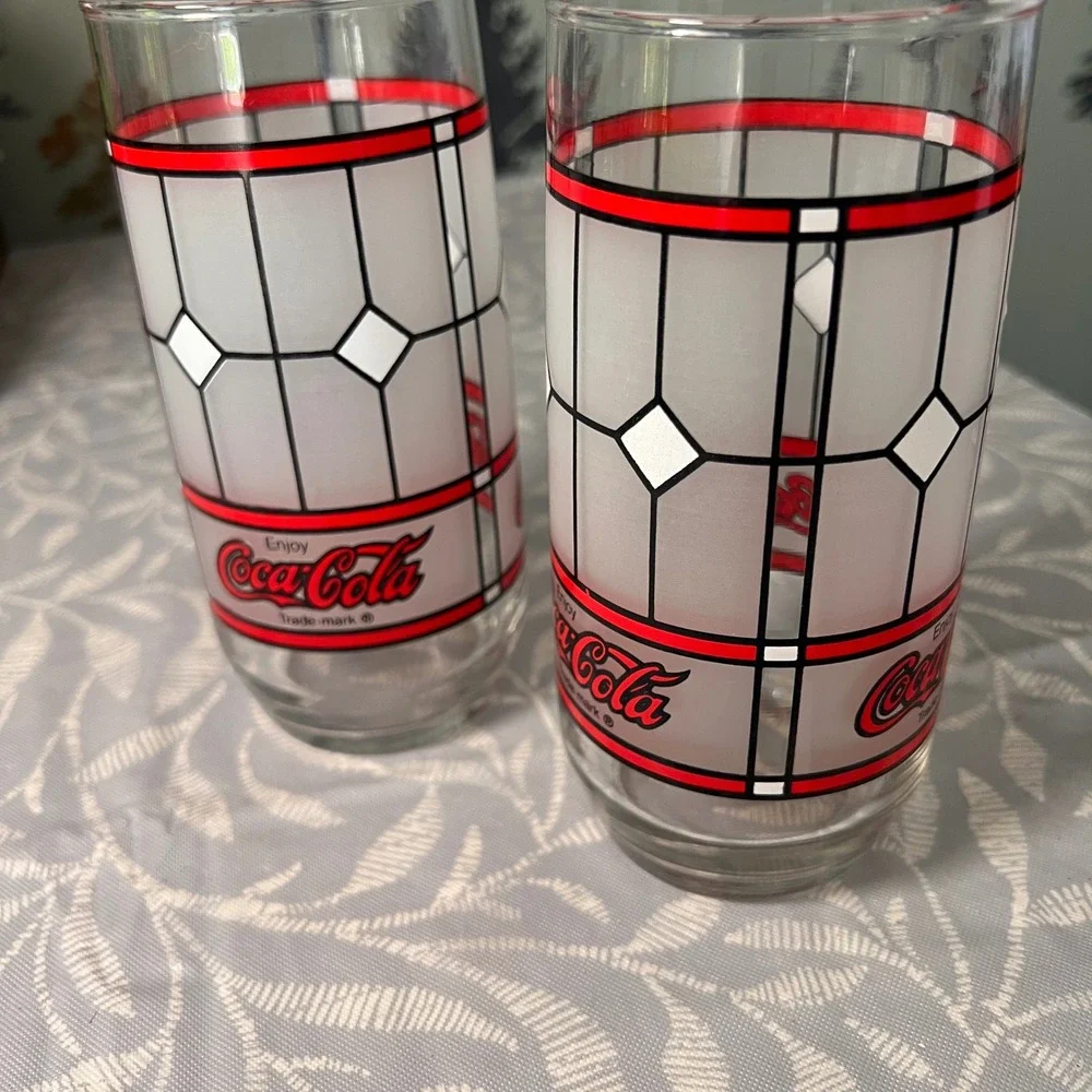 Vtg Coca-Cola Stained Glass Style Drinking Glasses Set of 2 Frosted Red White